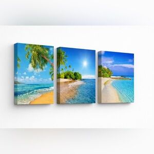 Blue Ocean Landscape Framed Canvas Wall Art 16'' x 24'' inches 3 pc set